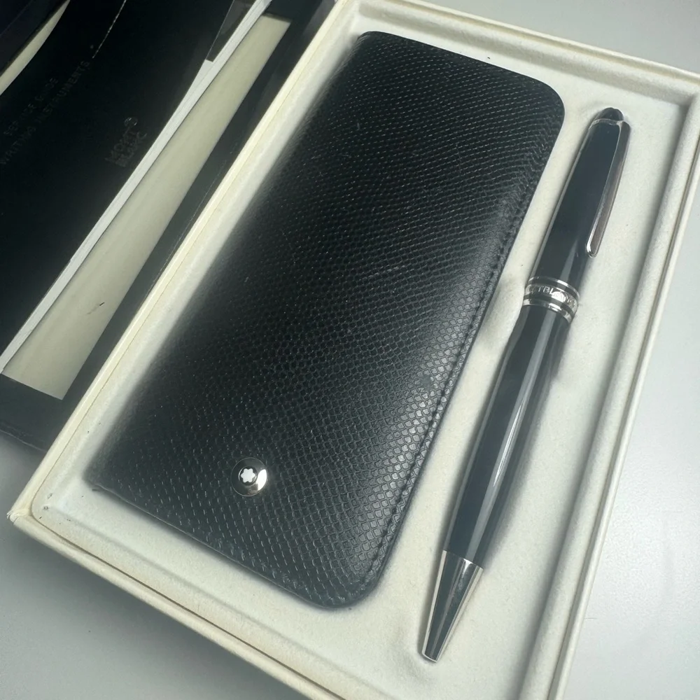 Mont Blanc Black Textured Leather Pencil Case with Black Ballpoint Pen